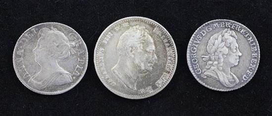 Two sixpences, 1711 & 1723 and a 1835 shilling,